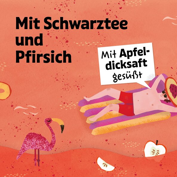 Text “with black tea and peach” and “sweetened with apple syrup”, illustration with flamingo, apple and peach